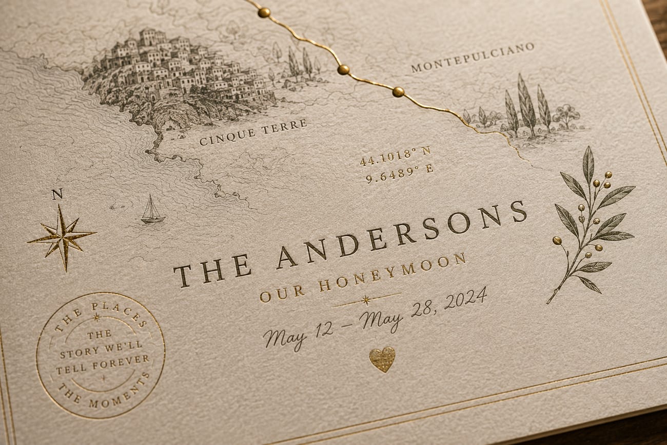 A close-up of a Marigold honeymoon print showing the illustrated coastline of Cinque Terre, a gold-foil route line, the couple's names and honeymoon dates, a compass rose, and an olive sprig, printed on textured archival paper