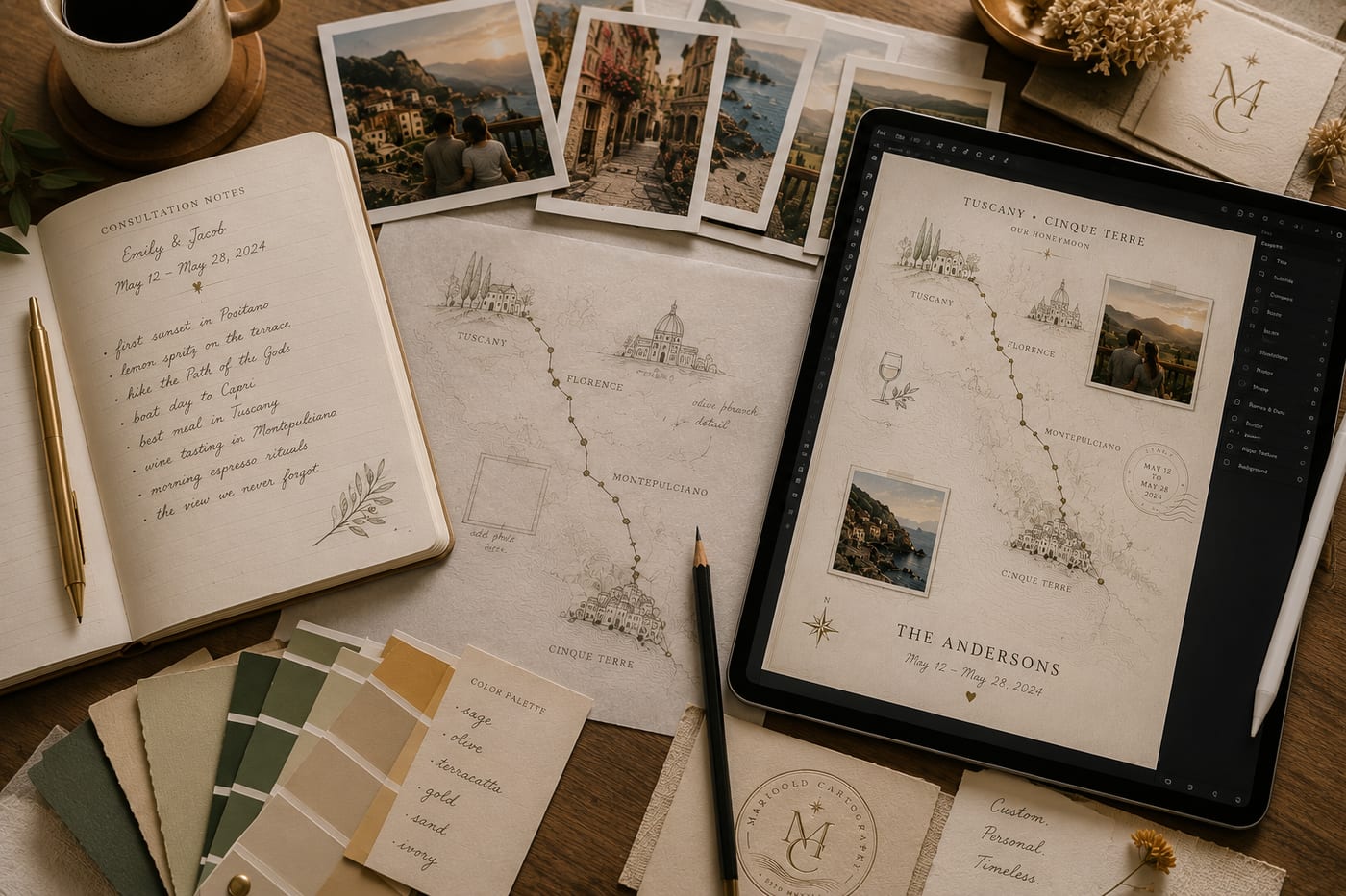 A flat-lay of the design process: a consultation notebook, the couple's honeymoon photos, a map sketch, an iPad showing the digital composition, and a row of paint-palette swatches